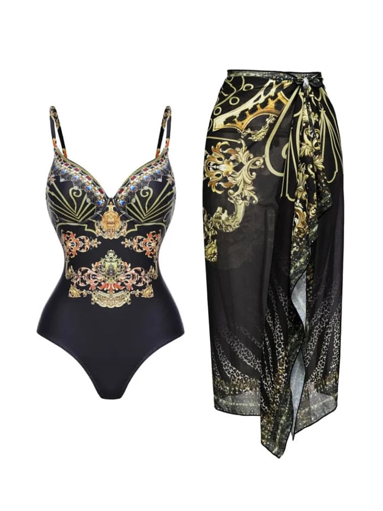 Black Gold Print Strappy One Piece Swimsuit