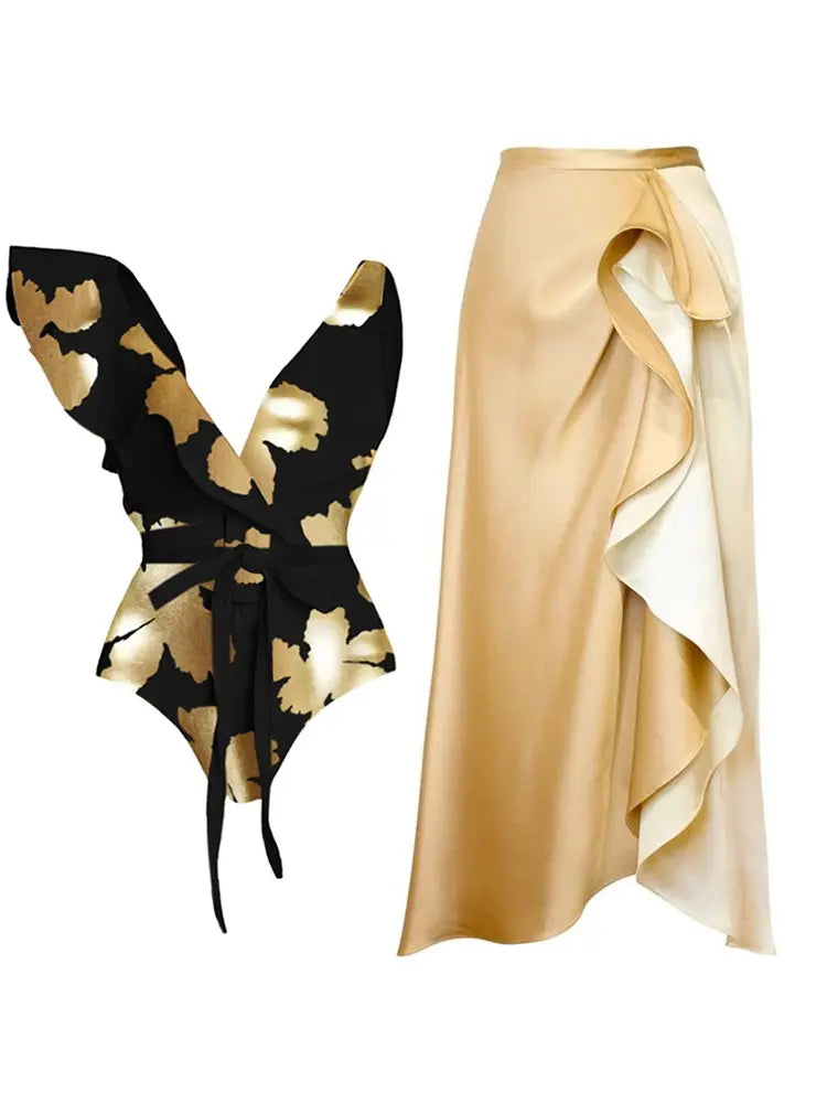 Foil Print Deep V Ruffle One Piece Swimsuit