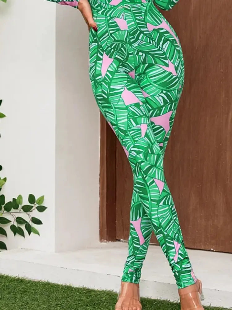 Green Zip Long Sleeve Printed Surf Swimsuit Set