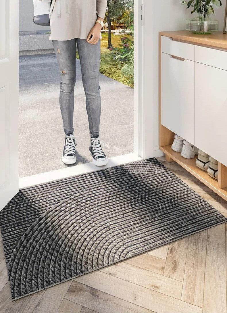 Non-slip gray doormat with curved line design, absorbent entryway rug for front door, hallway, or indoor outdoor use