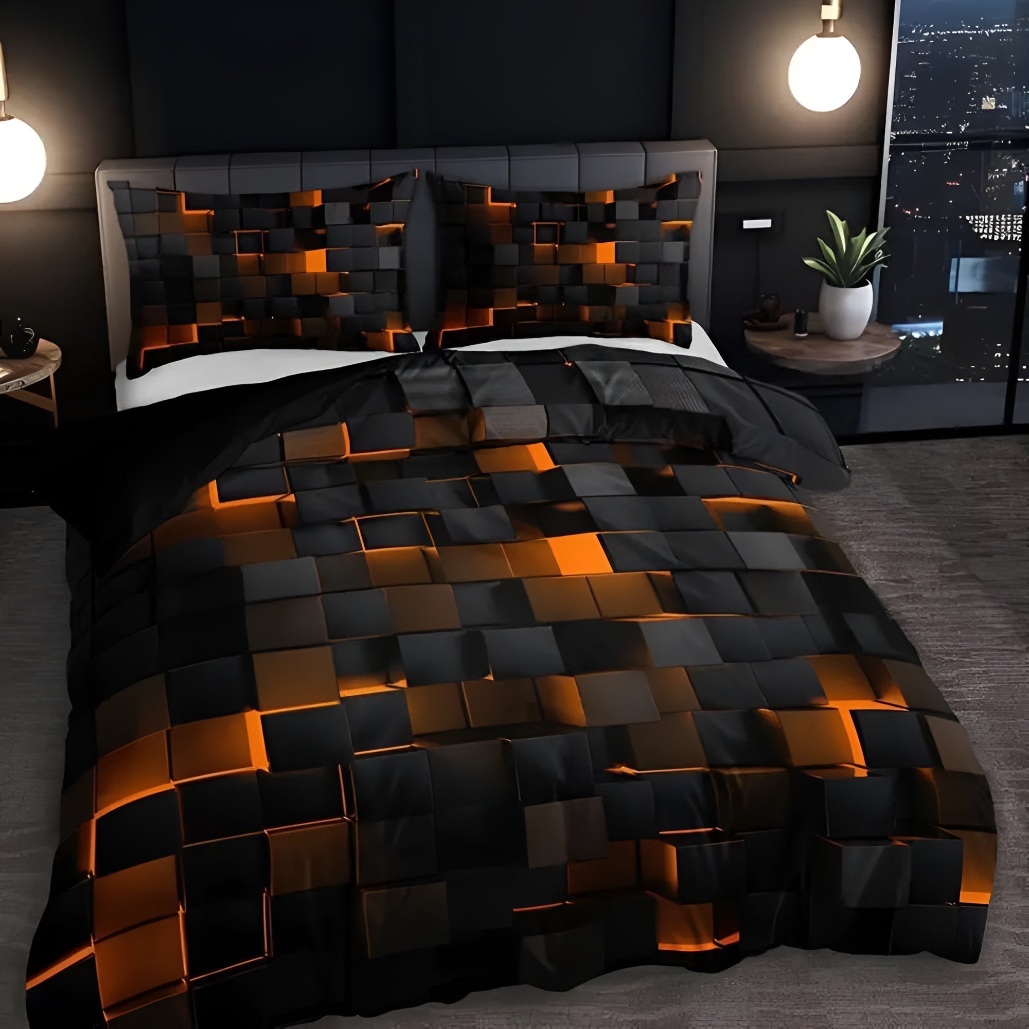 Black and red 3D geometric bedding set with duvet cover and pillowcases, modern luxury bedspread for contemporary bedroom decor