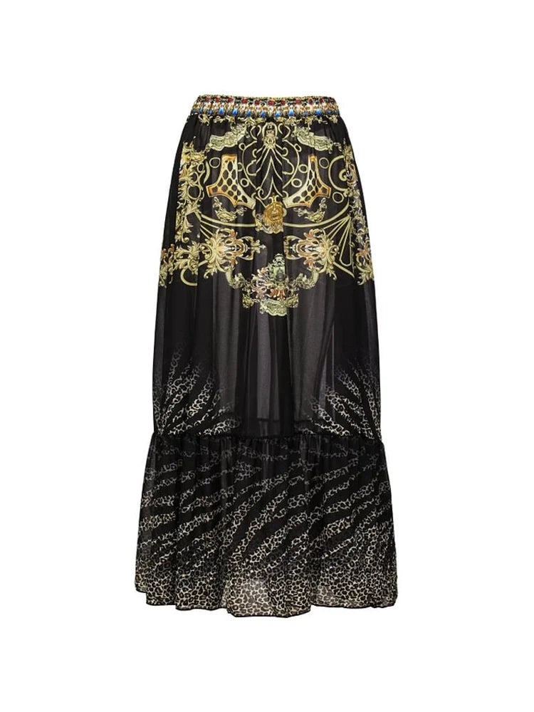 Black Gold Print Ruffle Tie Swimsuit Set