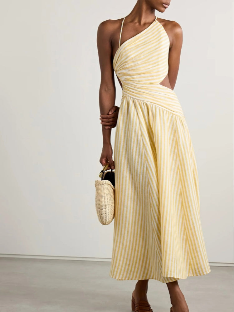 Cascadian Cutout Ruched Striped Midi Dress