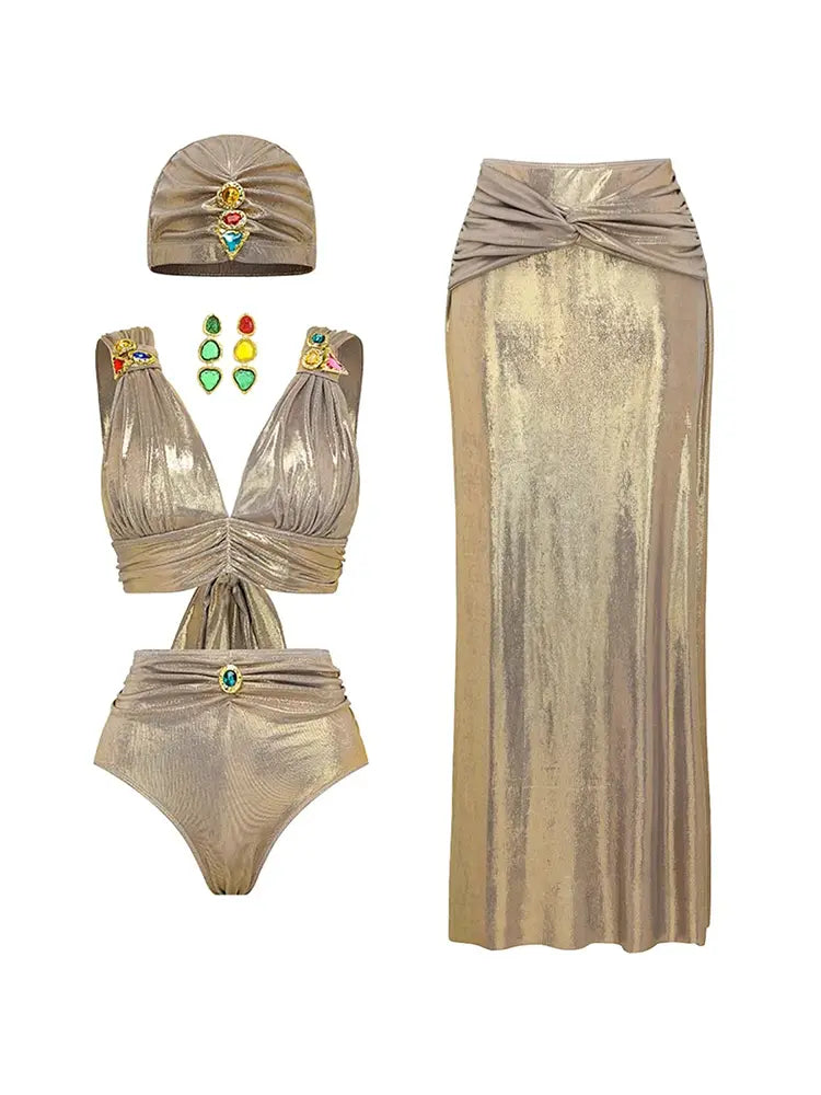 Rhinestone Ruched High-Waist Bikini Set