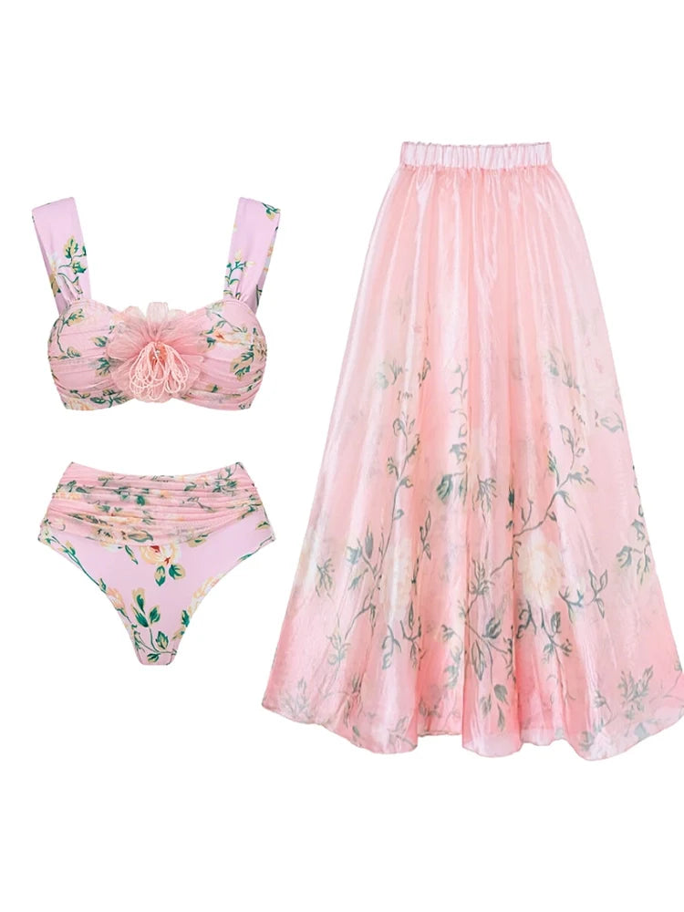 Pink Floral Bikini with 3D Crystal Flowers