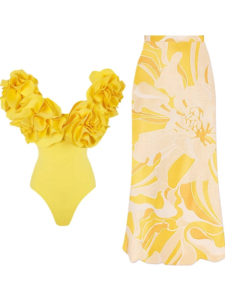 3D Floral Strapless Solid One-Piece Swimsuit