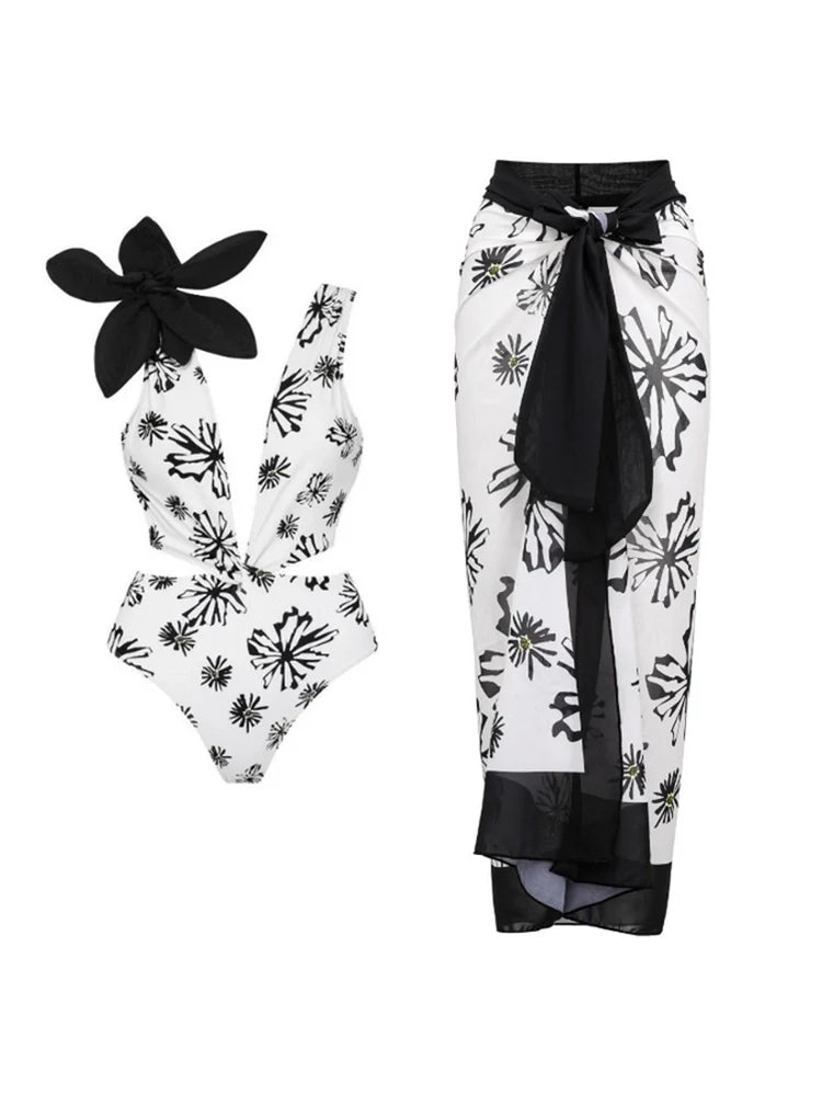 Floral Appliqué Printed White One-Piece Swimsuit