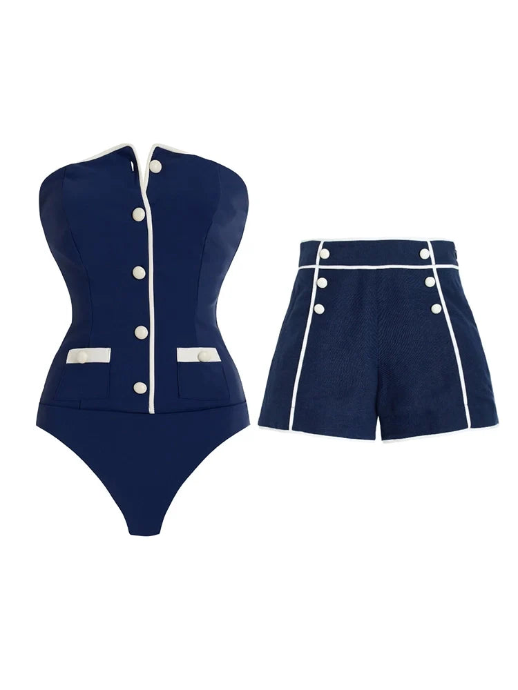 Navy Bandeau One Piece Shorts Set