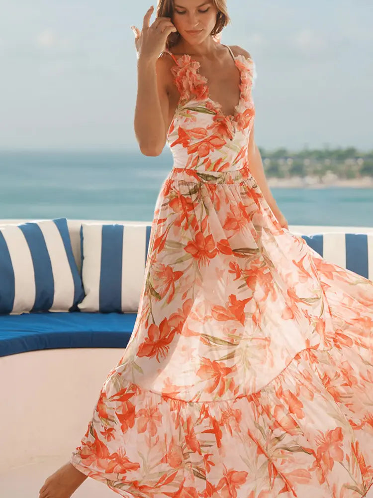 V Neck Vacation Printed One Piece Swimsuit Set