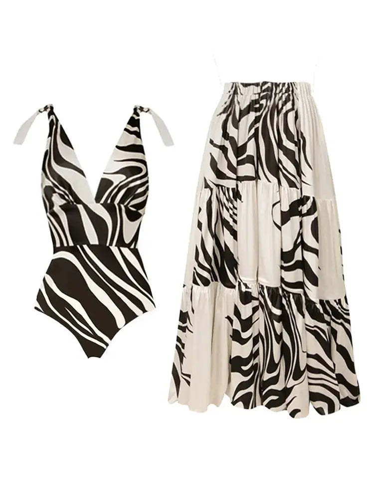 Deep V Striped Monochrome Elegant Swimsuit