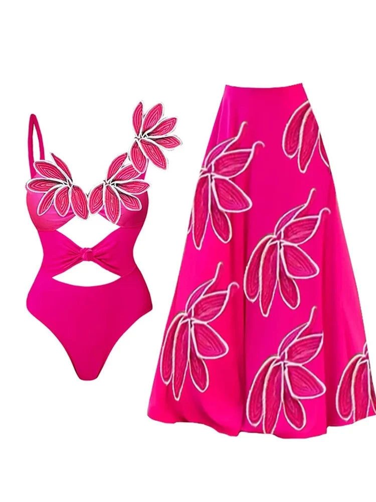 Petal Decor Fluorescent One Piece Swimsuit Set