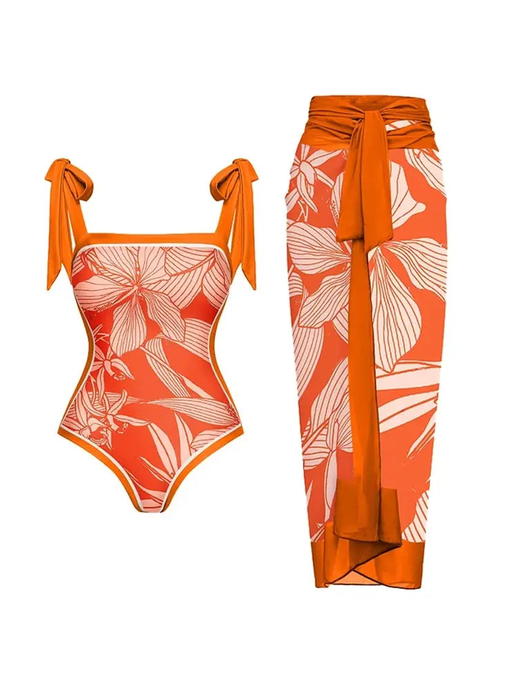 Tie Strap Print One Piece Swimsuit Set