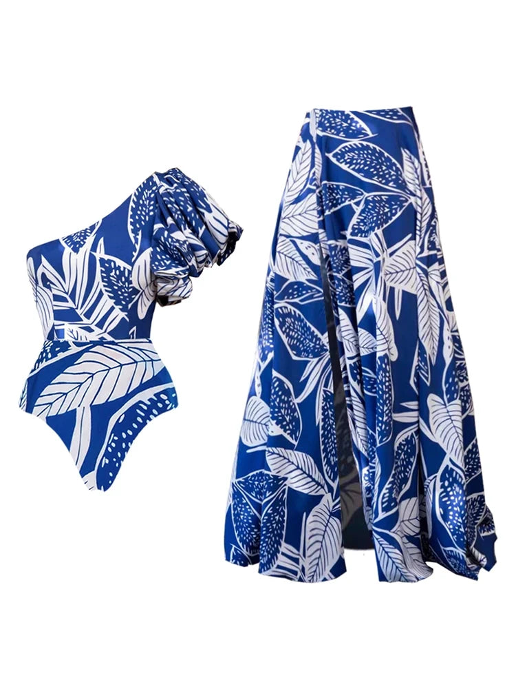 One-Shoulder Ruffle Floral Swimsuit Set