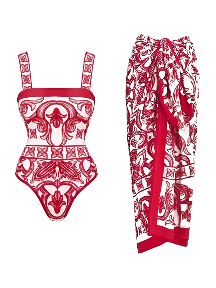 Ethnic Print One-Piece Swimsuit Set