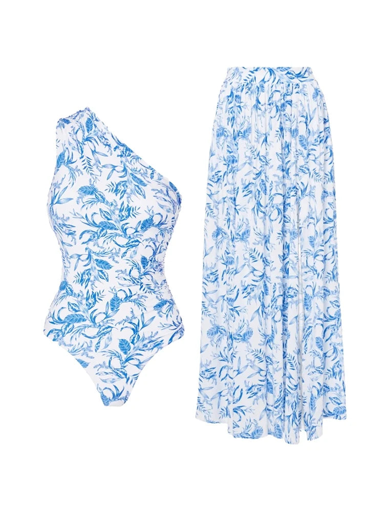 Fresh Floral One-Shoulder Blue Set