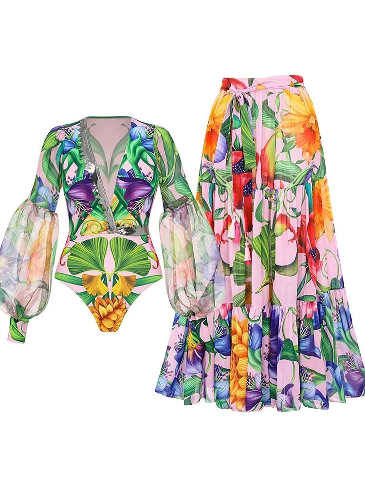 Deep V Lantern Sleeve Printed Swimsuit Set