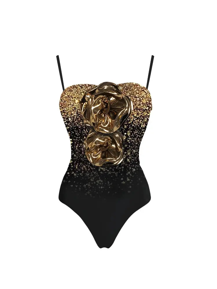 3D Floral Sequin Print Strapless Swimsuit Set