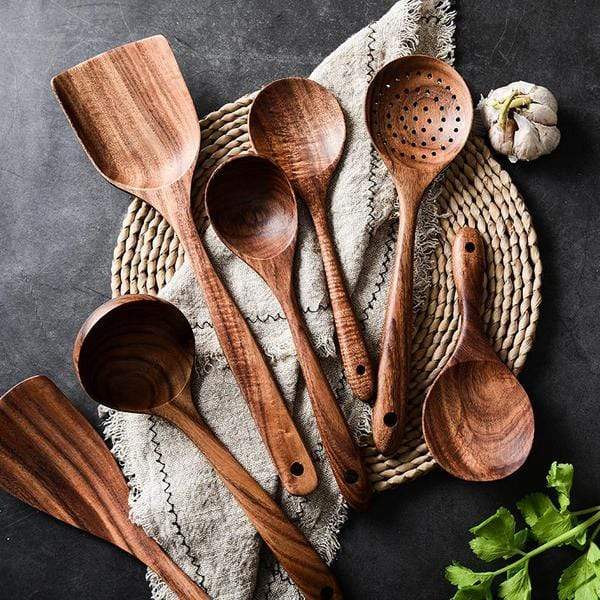 Set of handmade wooden cooking utensils – natural teak kitchen spoons and spatulas for non-stick cookware