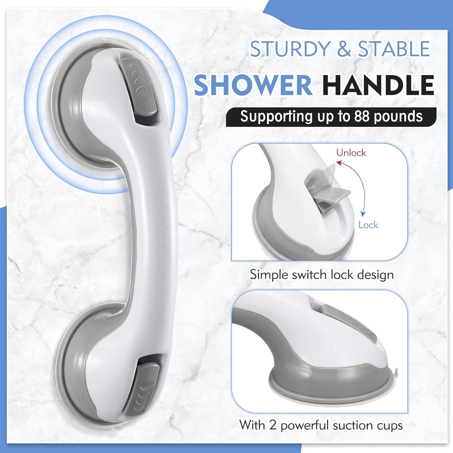 Bathroom safety grab bar with suction cups – removable shower handle for elderly and handicap support