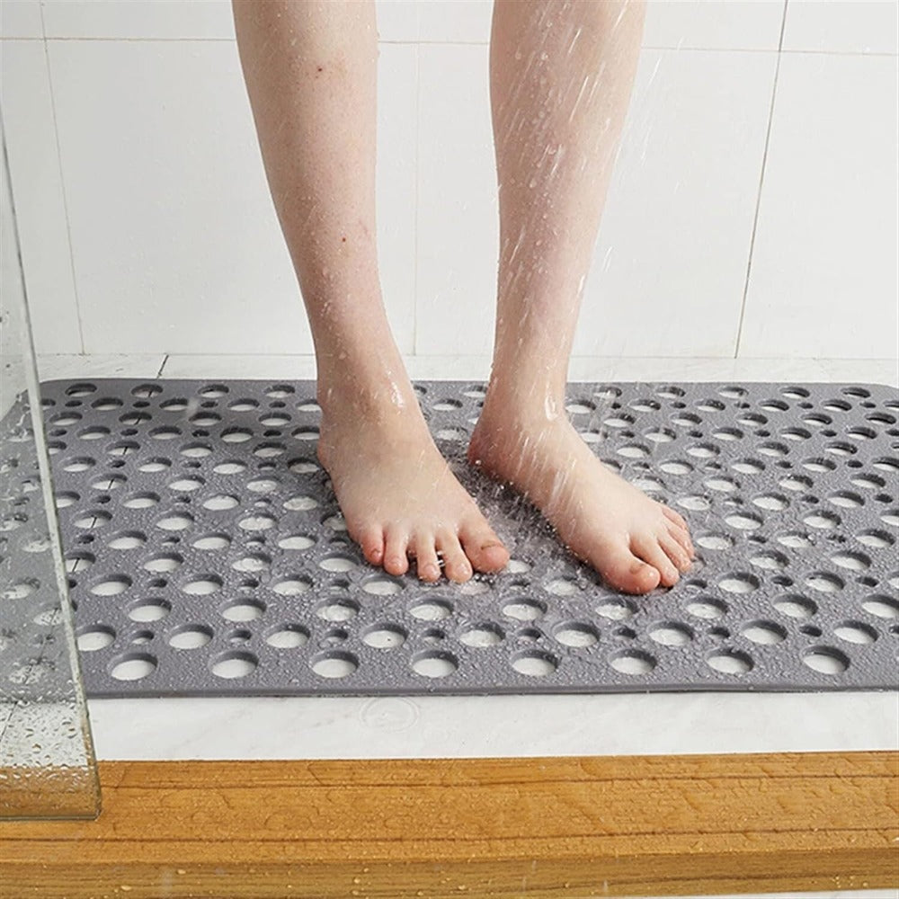 Grey non-slip shower mat with drainage holes – waterproof bathroom floor mat for safety and comfort