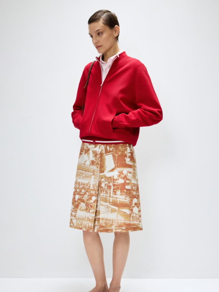 Terracotta Industrial Print Pleated Midi Skirt