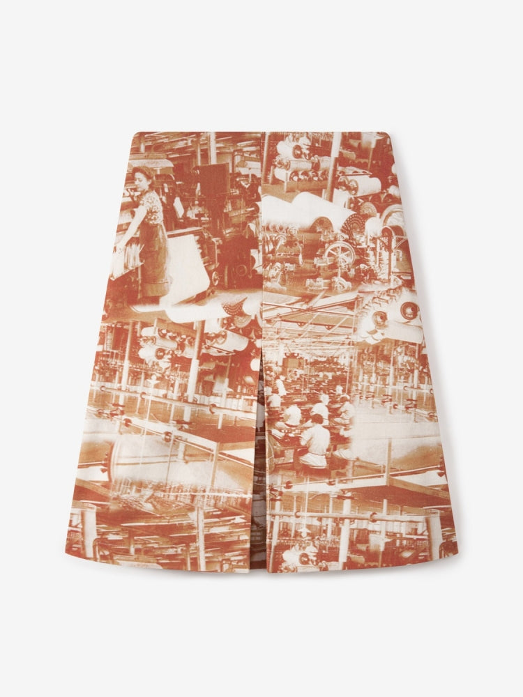 Terracotta Industrial Print Pleated Midi Skirt