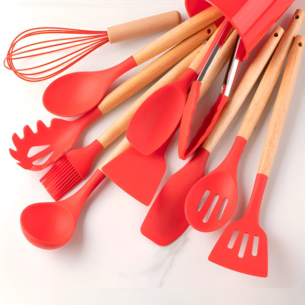 11-piece silicone kitchen utensil set with wooden handles, heat-resistant cooking tools including spatula, whisk, ladle, and tongs