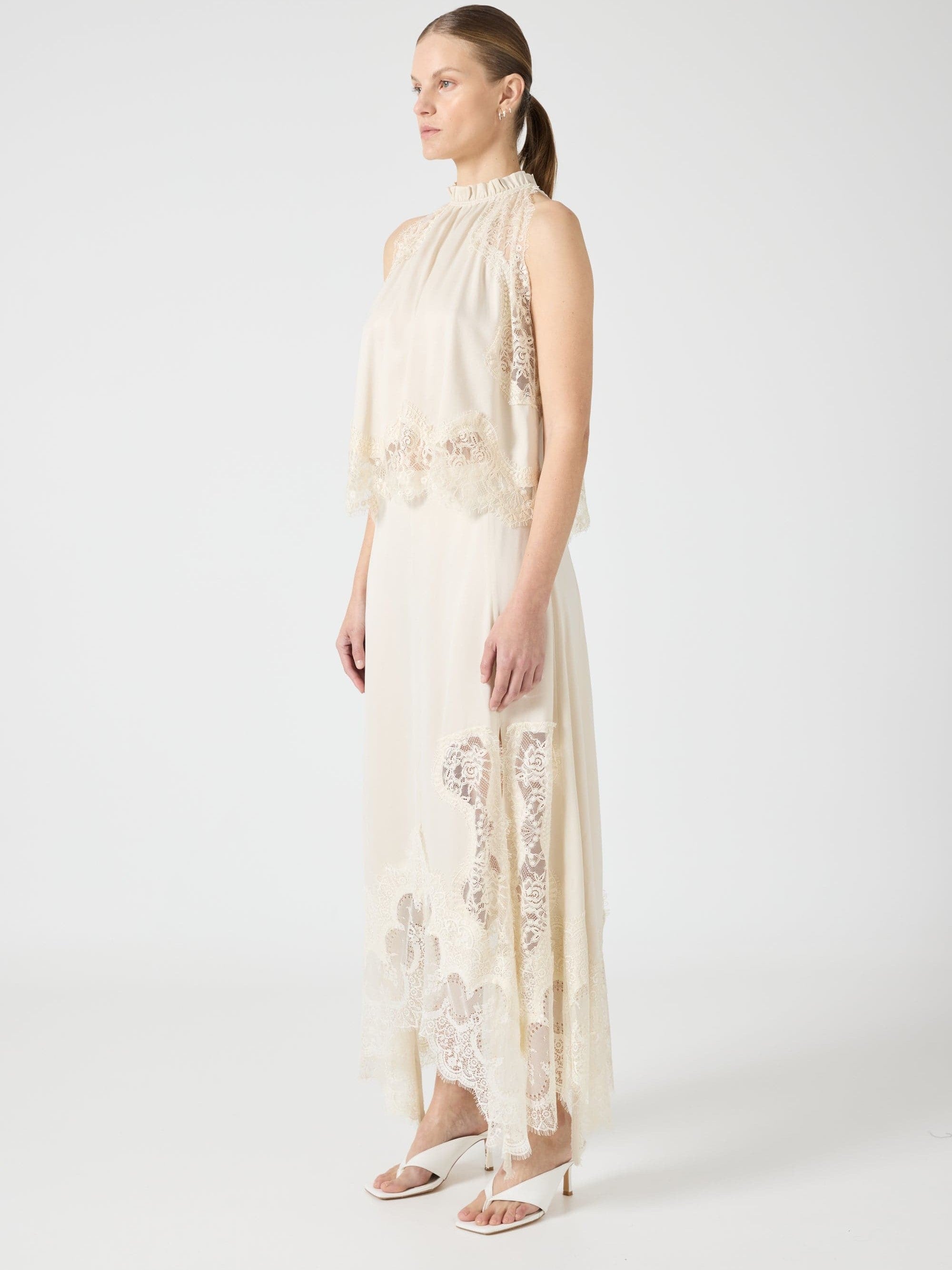 Lace Trimmed Satin Halter Maxi Skirt Set