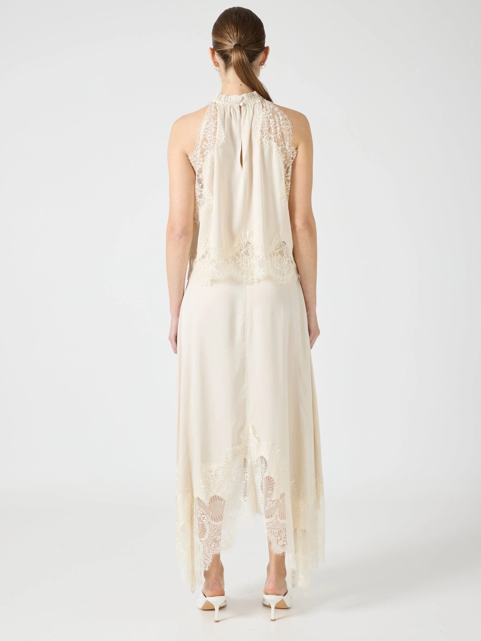 Lace Trimmed Satin Halter Maxi Skirt Set