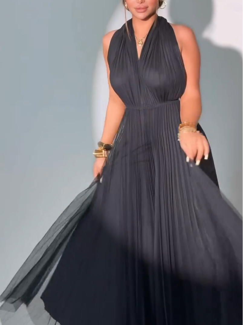 Backless Halter Pleated Maxi Dress