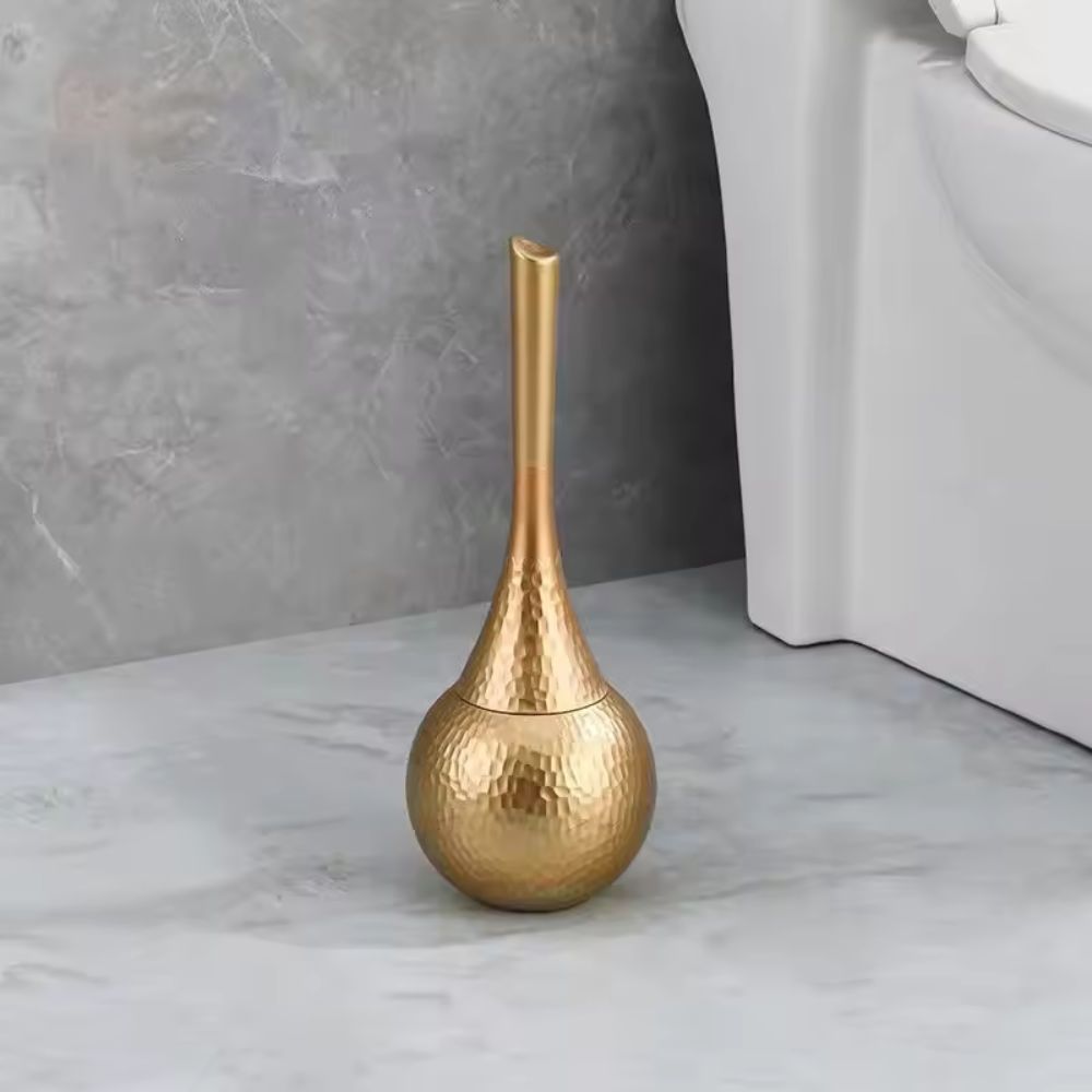 Gold hammered toilet brush with matching holder, luxury bathroom cleaning set with modern metallic design