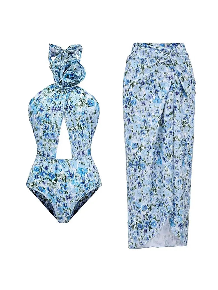 Halter Floral Strapless One-Piece Set
