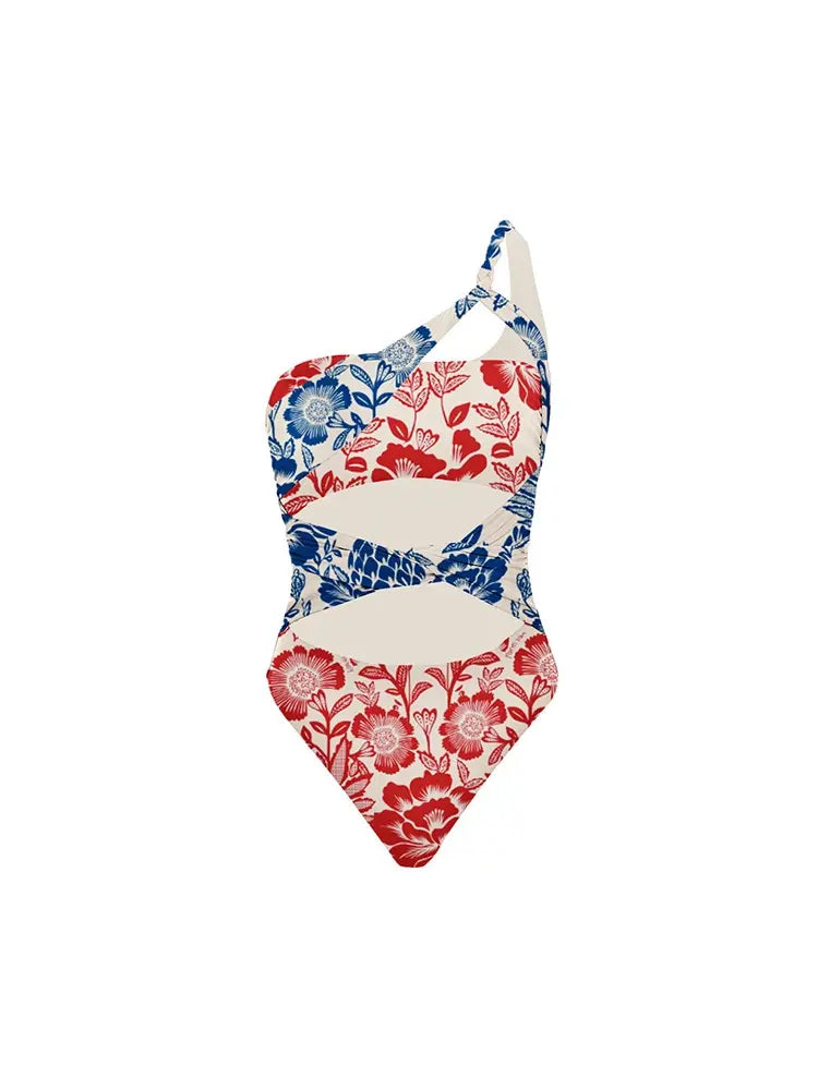 Red Blue Patchwork Ethnic Print Swimsuit
