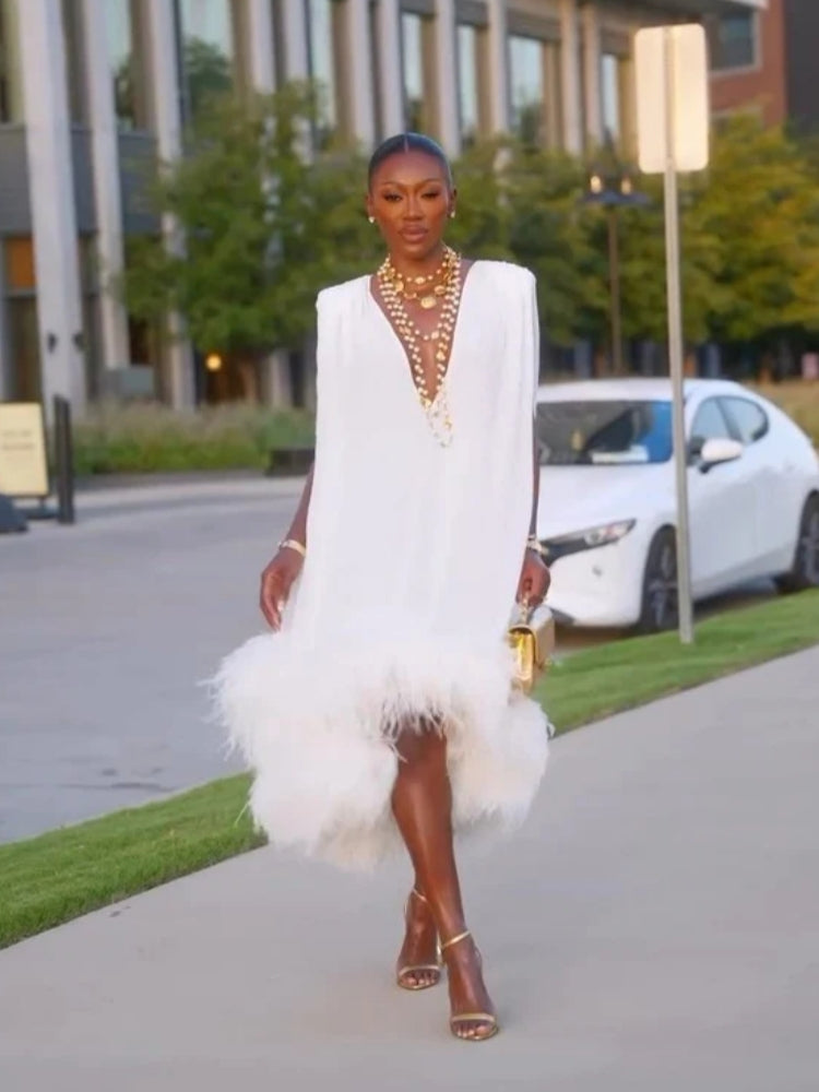 Elegant Sleeveless White Feather Patchwork Irregular Hem Midi Dress