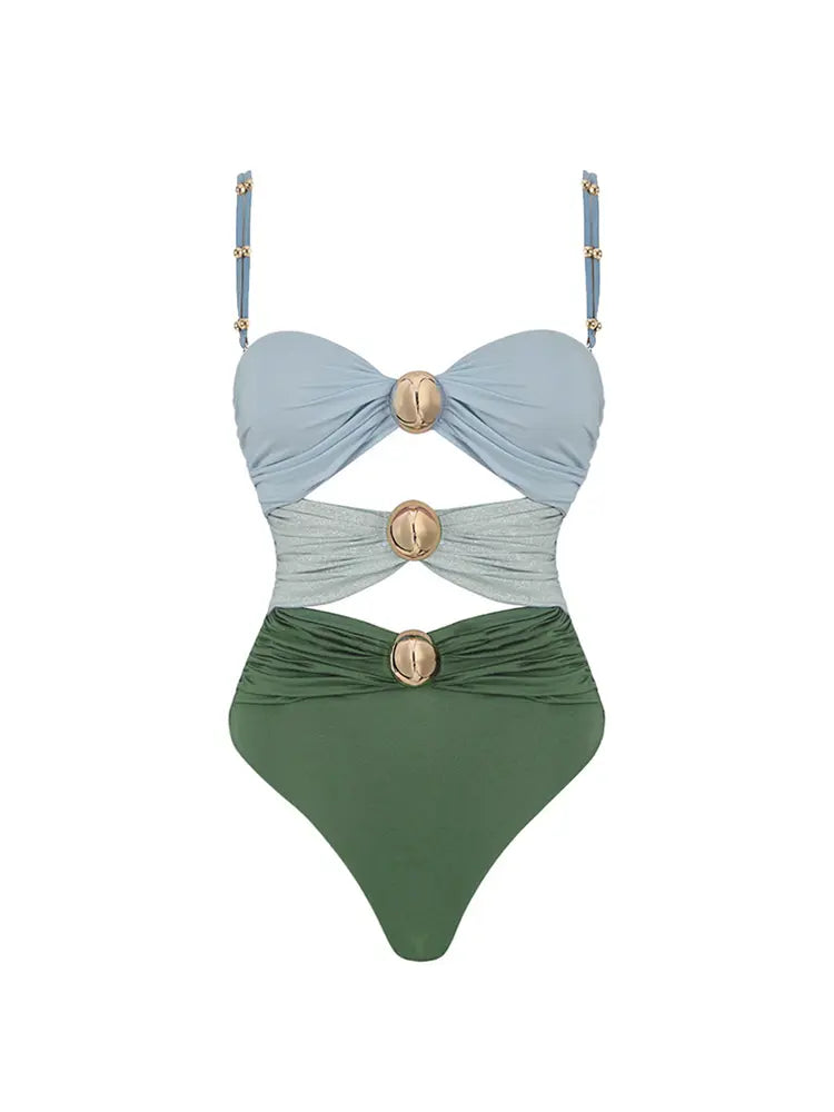 Morandi Green Colorblock High-Waist Swimsuit Set