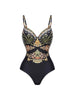 Black Gold Print Strappy One Piece Swimsuit