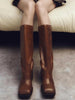 Square toe flat knee boots for women retro thick heel long boots