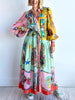 Unique Print Colorblock Balloon Sleeve Belt Shirt Midi Dress