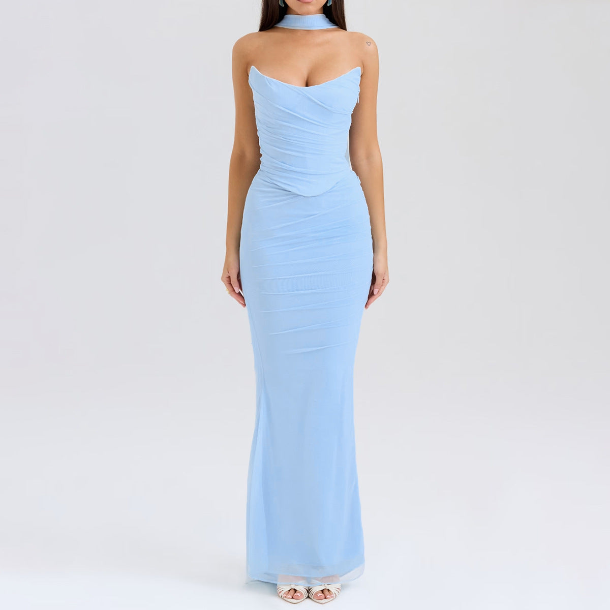 Blue Strapless Bodice and High Waist Skirt with Tie Set