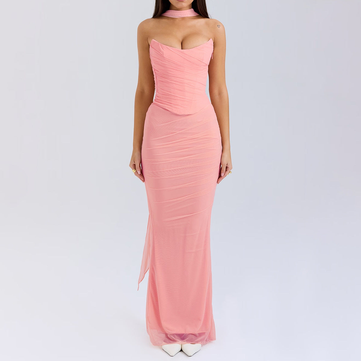 Pink Strapless Bodice and High Waist Skirt with Tie Set