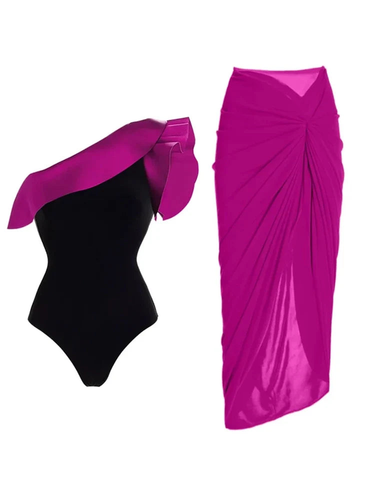 Ruffle Colorblock Retro One Piece Swimsuit