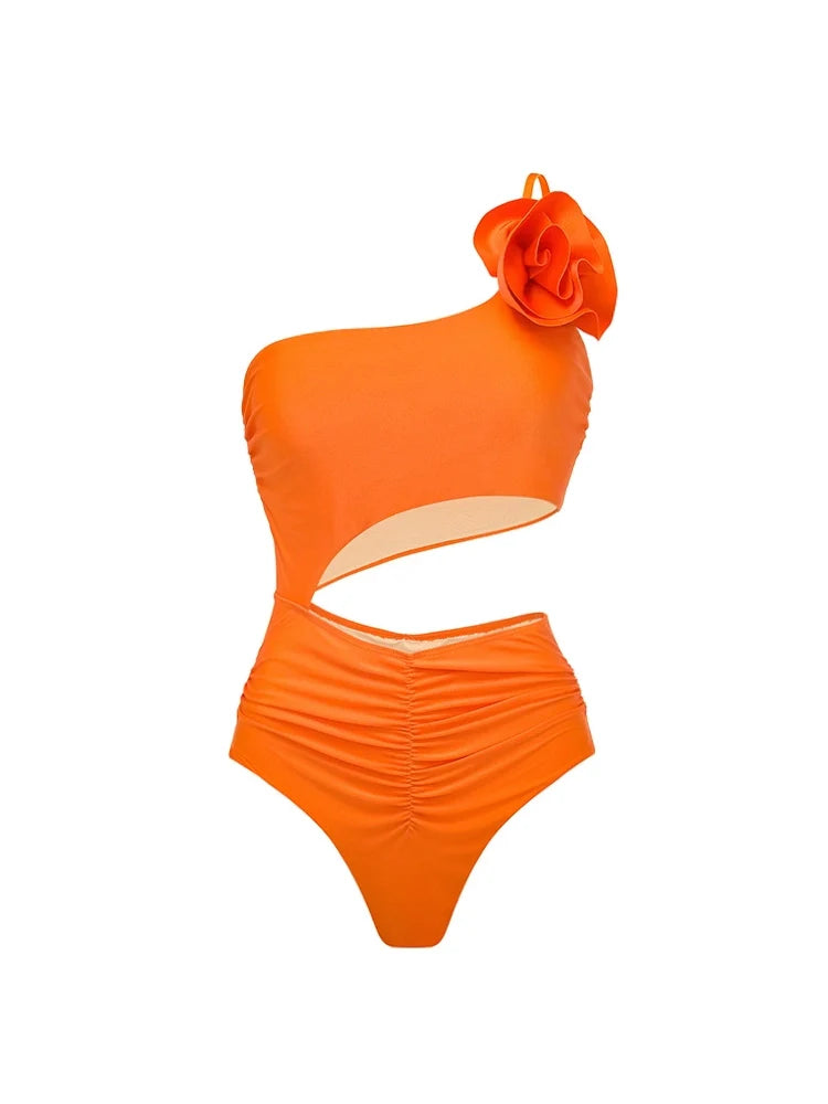 3D Floral Glossy Solid Swimsuit Set