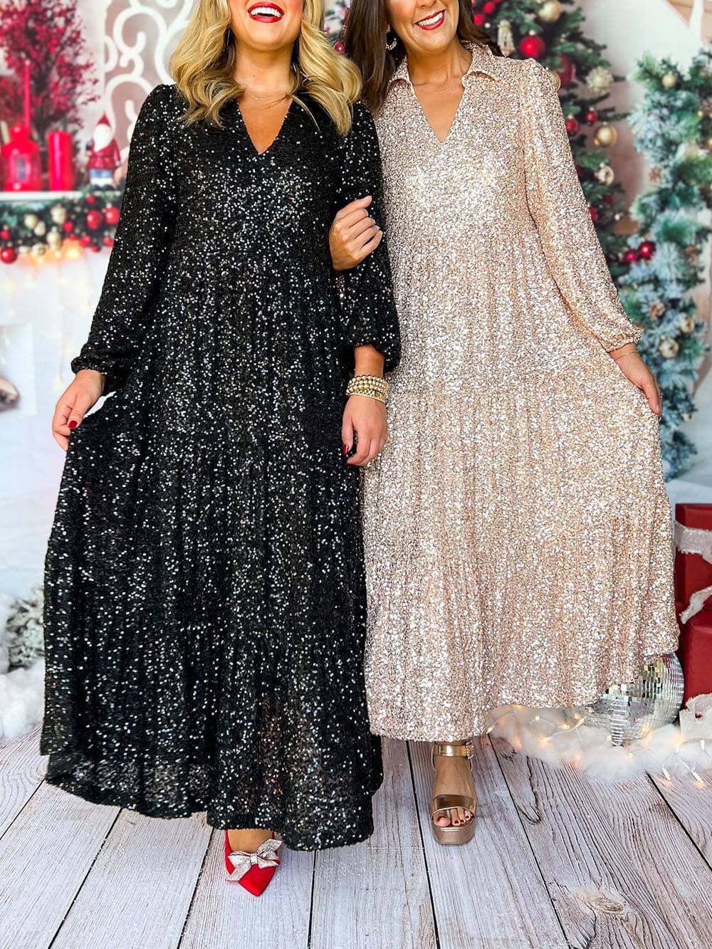 Long Sleeve V Neck Sequin Maxi Dress