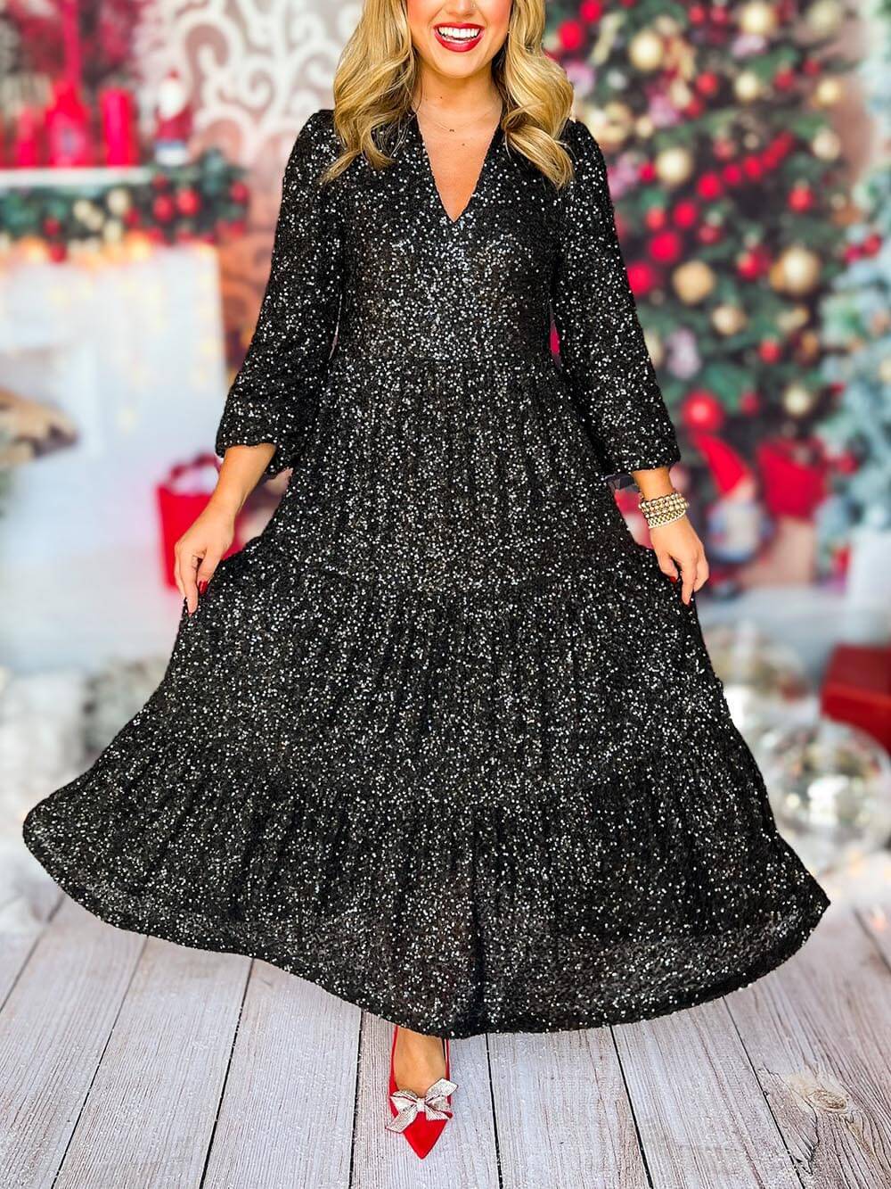 Long Sleeve V Neck Sequin Maxi Dress