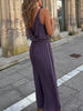 Unique Gold Trim Cross-Neck Elastic Waist Drawstring Slit Jumpsuit
