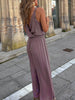 Unique Gold Trim Cross-Neck Elastic Waist Drawstring Slit Jumpsuit