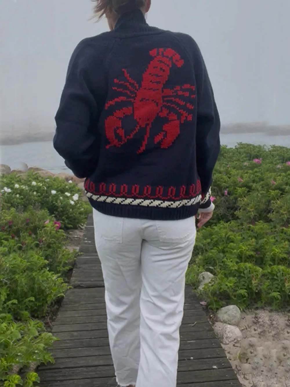 Fashion Lobster Print Casual Long Sleeve Knit Cardigan