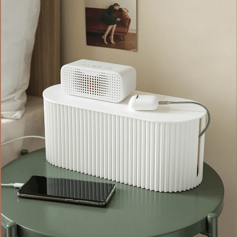 Modern cable management box with phone charging station, desktop cord organizer for home and office setup