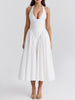 Pleated Stitching Deep V Neck Halter Waist Plain Midi Dresses