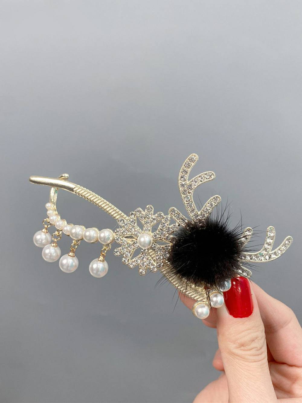 Deer Antler Pearl Rabbit Fur Hair Clip